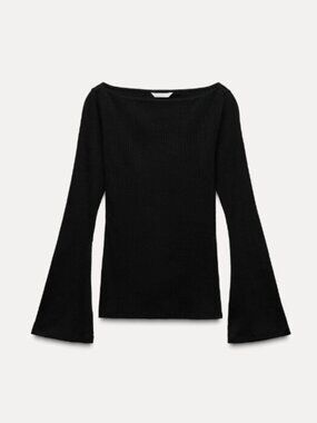 Zara Ribbed Flare Sleeve Top in Black